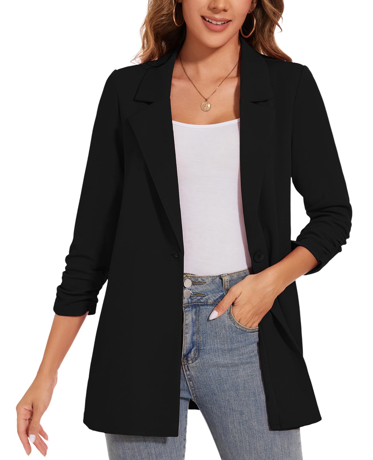 Womens Long Blazer Jackets Button Front Lapel Ruched 3 4 Sleeve Business Casual Office Work Lightweight Blazers