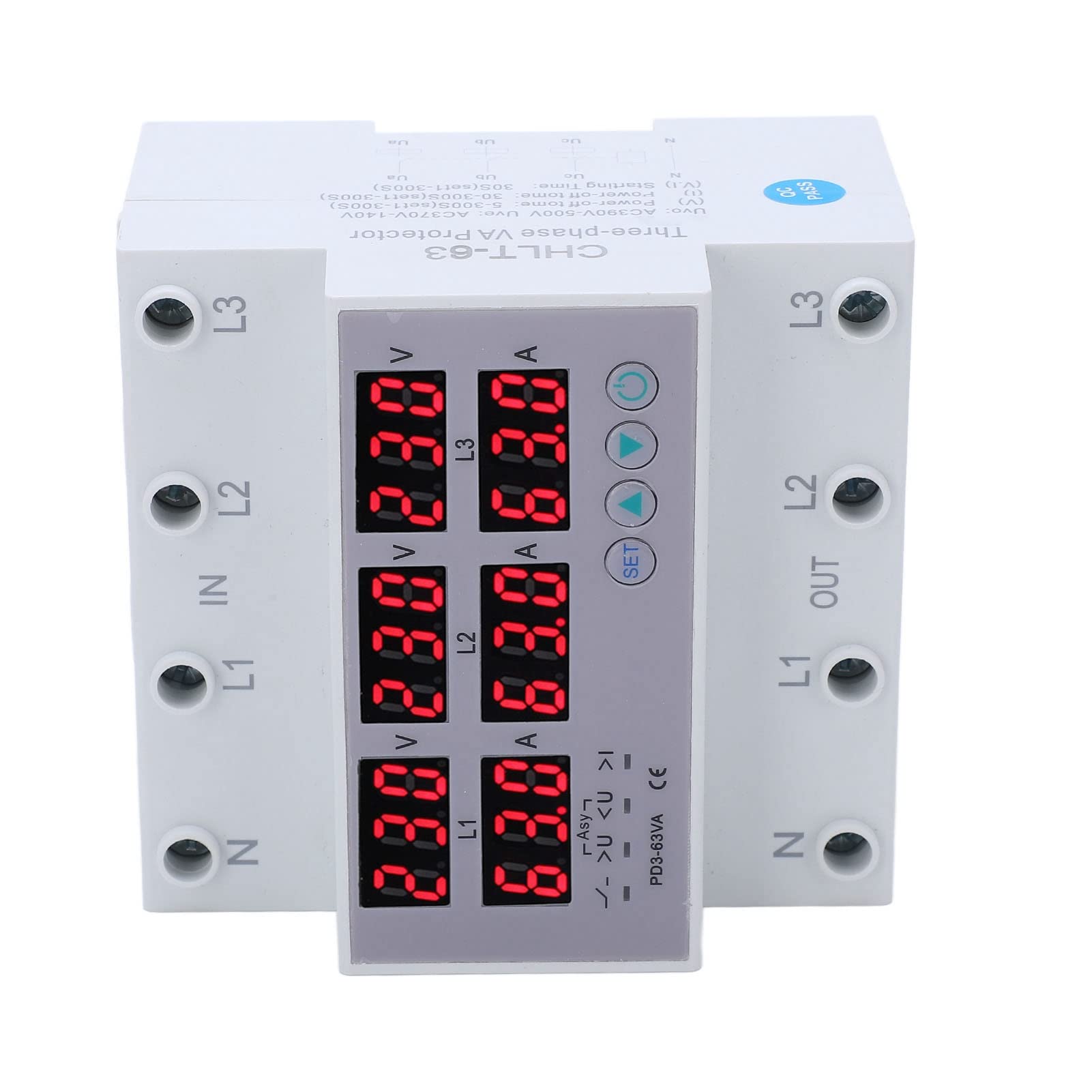 63A Probador Múltiple de Amperímetro Y Voltímetro de Riel DIN Trifásico Ca 390‑500V Protector de Sobrecorriente de Sobrevoltaje Automático