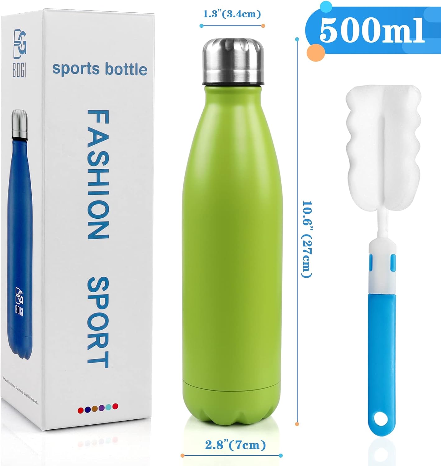 BOGI 17oz Insulated Water Bottle Double Wall Vacuum Stainless Steel Water Bottles, Leak Proof Metal Sports Water Bottle Keeps Drink Hot and Cold - Perfect for Outdoor Sports Camping Biking (Green) - Image 2