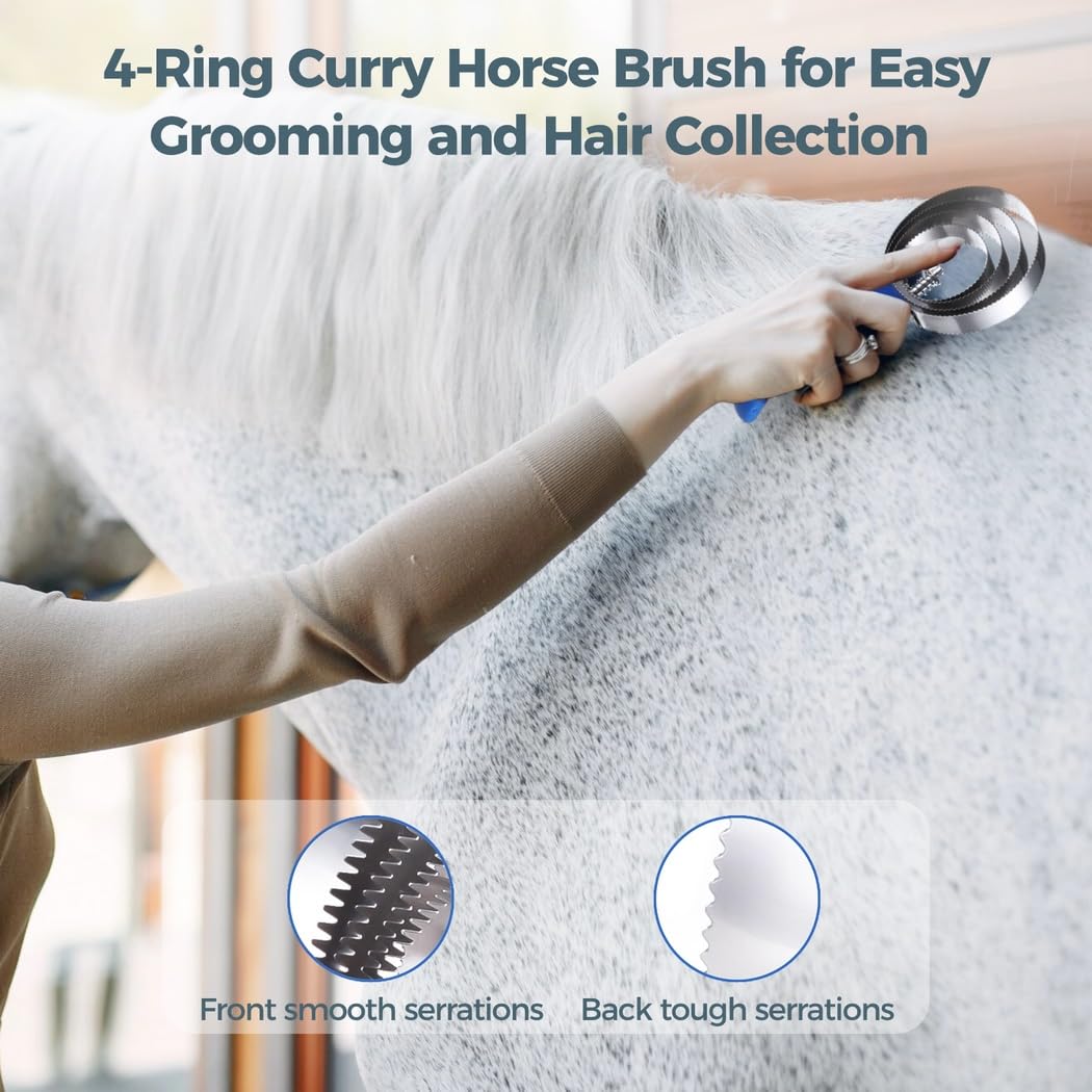 Cepillos de caballo raspadores, 8 peines de curry de caballo, peines reversibles de acero inoxidable, cepillos de curry de metal de 4 anillos, con agarre cómodo para vaca, oveja, cabra, perro, mascota