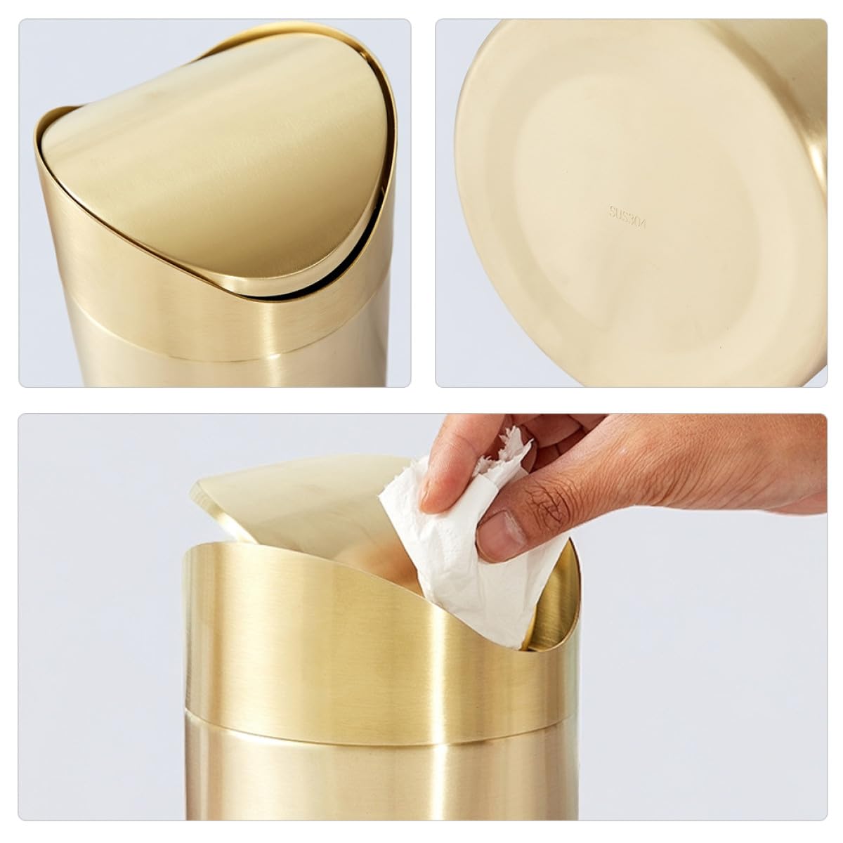 NUOBESTY Mini Poubelle de Bureau en Inox Doré avec Couvercle Corbeille à Papier Compacte pour Bureau et Voiture Poubelle de Table Multifonction pour Petits Espaces Recyclage et
