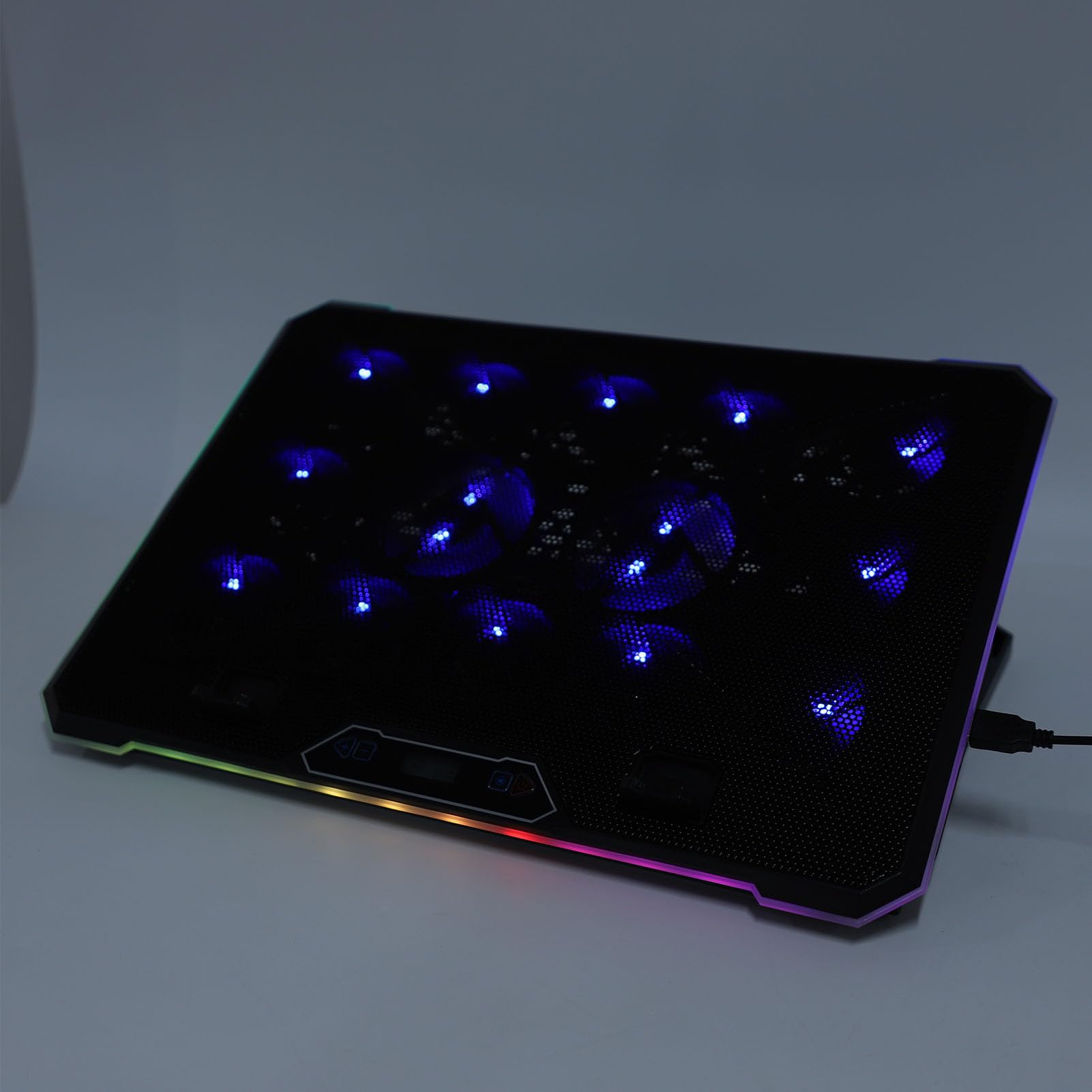 Podkładka Chłodząca do Laptopa do Gier 8 Poziomów z regulacją Wysokości 2 Porty USB światła RGB Chłodziarka Laptopa z Adapterem 3C dla Graczy (14 fanów)