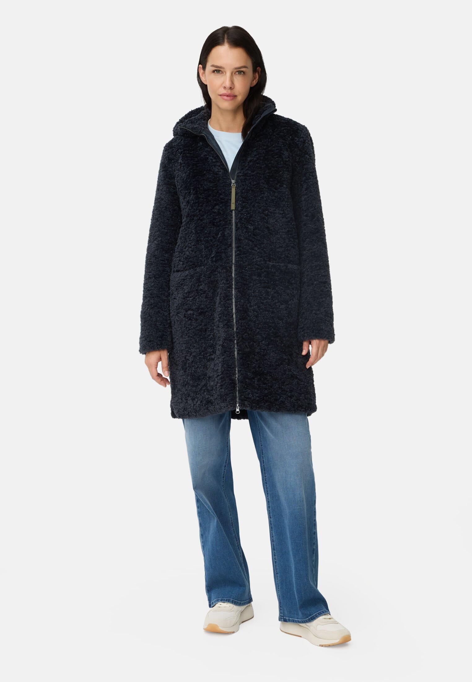 camel active Damen Teddyfell Mantel lang mit Frontzipper & Kapuze