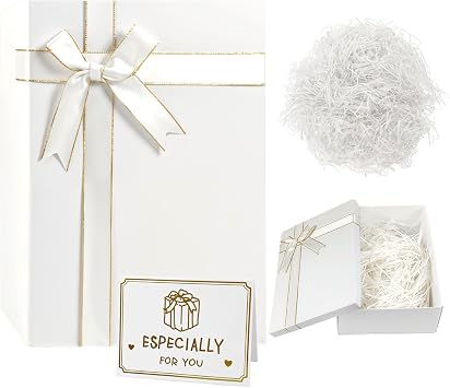 MSLHUB Luxury Gift Box, Cardboard Gifts Box with Lid Greeting Card Shredded Paper, Large Packaging Box with Bowknot for Present Proposal Bridal Showers Christmas Birthday 28 * 20 * 9 cm White