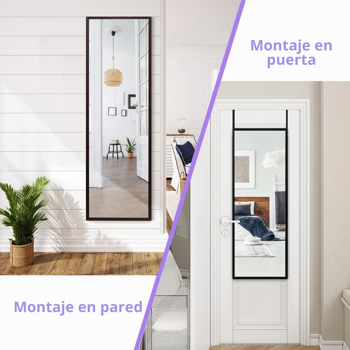 RELAX4LIFE Espejo Pared con Marco de Metal, Espejo Pared Cuerpo Entero con Gancho Ajustable de 3 Niveles, Espejo Decorativo de Pared para Pasillo, Dormitorio y Salón, 36,5x107cm (Marrón)