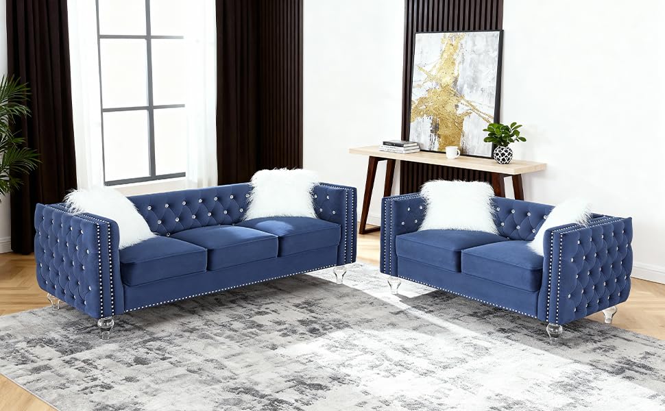 Gleariae Luxury Chesterfiled Sofa Couch Set of 2 for Living Room,2PC Modern Diamond Button Tufted Sofas with Acrylic Crystal Legs,2 Piece Couches Set