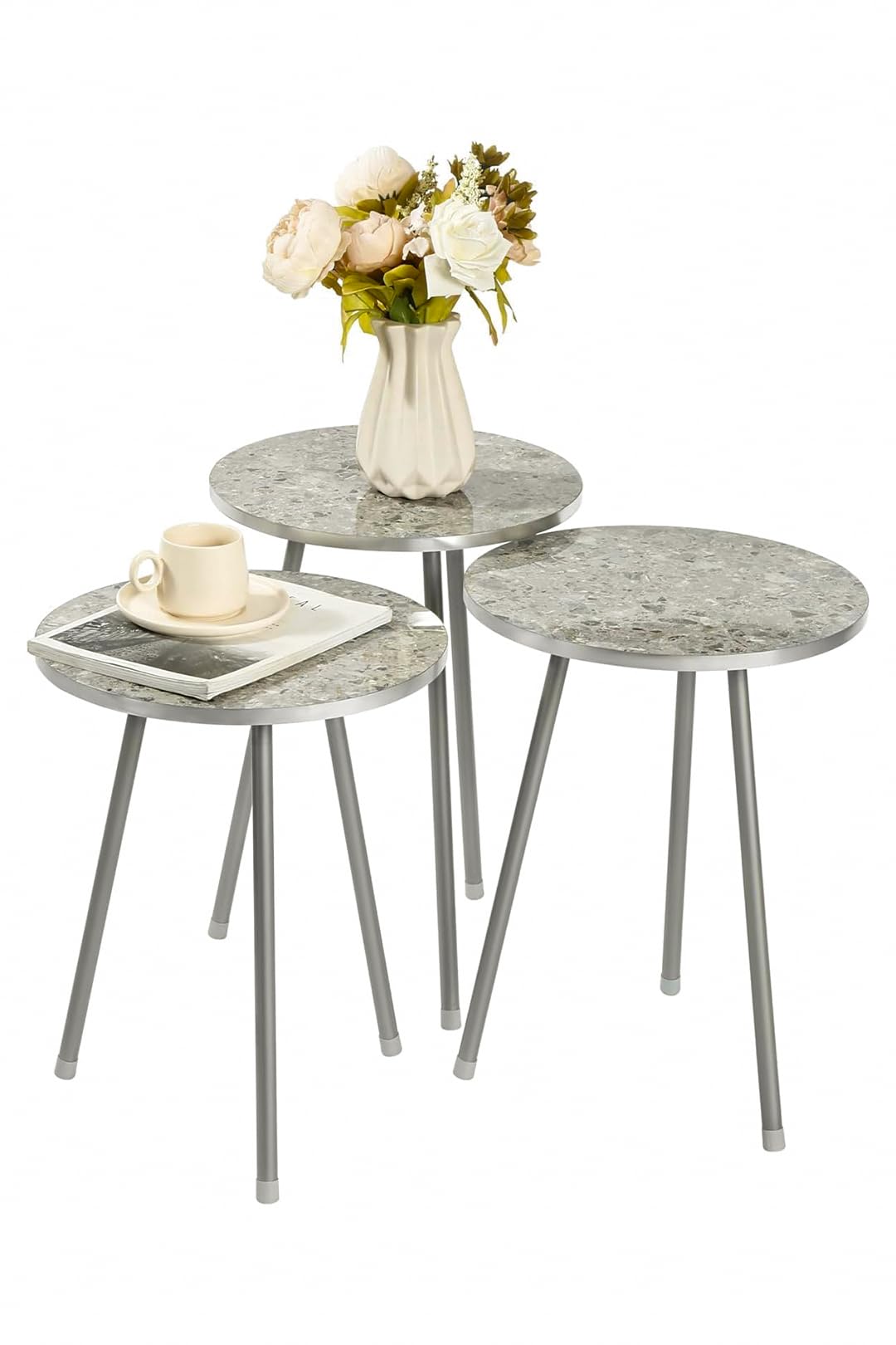 FEFE Nesting Tables Set of 3, Stacking Side Table with Metal Legs, Wooden Round Accent End Coffee Tables for Living Room Bedroom - Grey