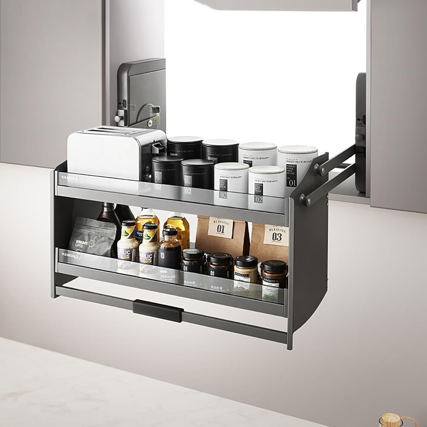 Kitchen Organizer 2-Tier Heavy-Duty Upper Kitchen Wall Cabinet Storage Organizer, Adjustable Pull Out and Down Shelf, Lifting Storage Brackets for Bathroom Cabinets, Bedroom Closet