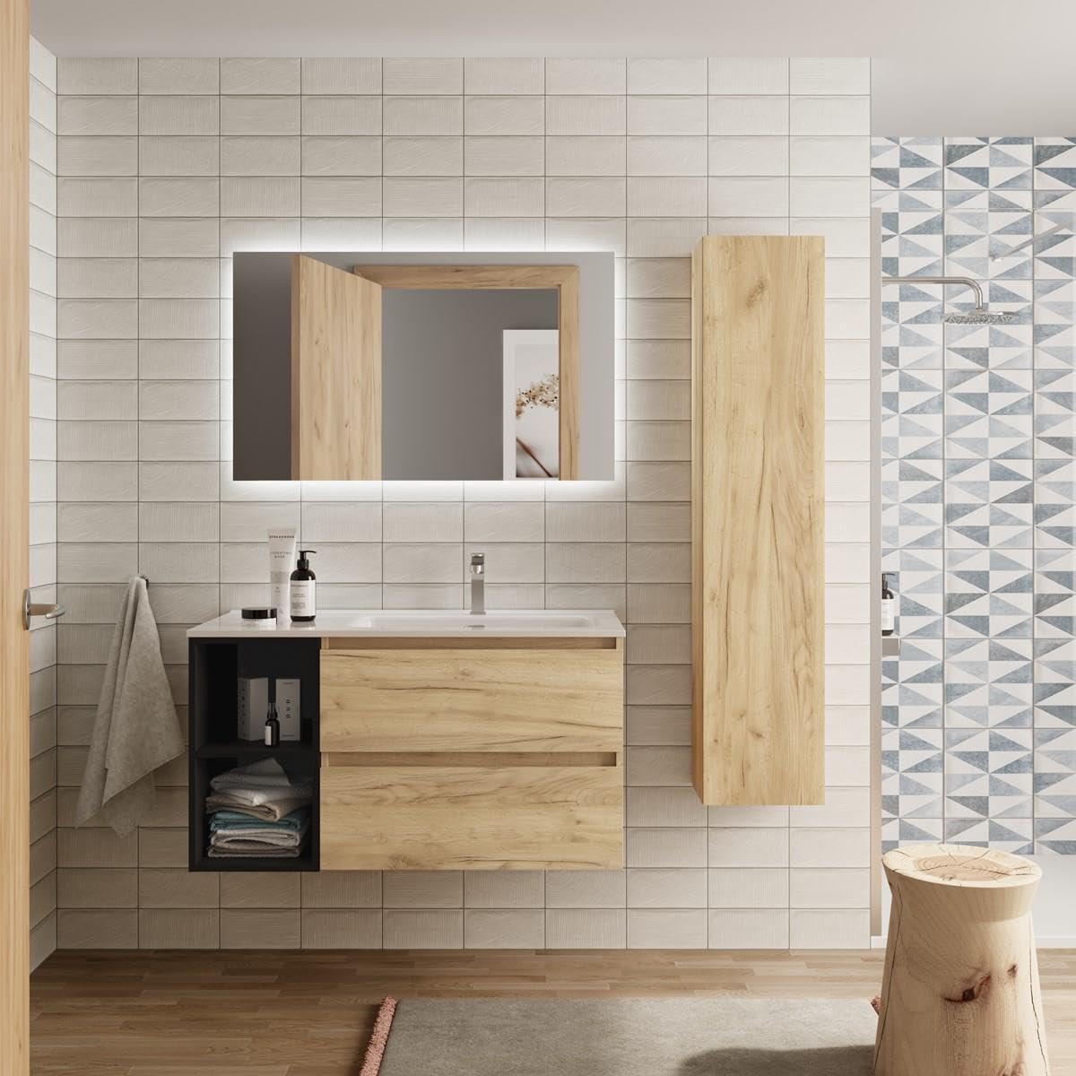 Salgar Mueble de Baño Bequia Plus 100 cm 2 cajones Roble y Coqueta Izquierda 2 Huecos Negro Mate con Lavabo Integrado