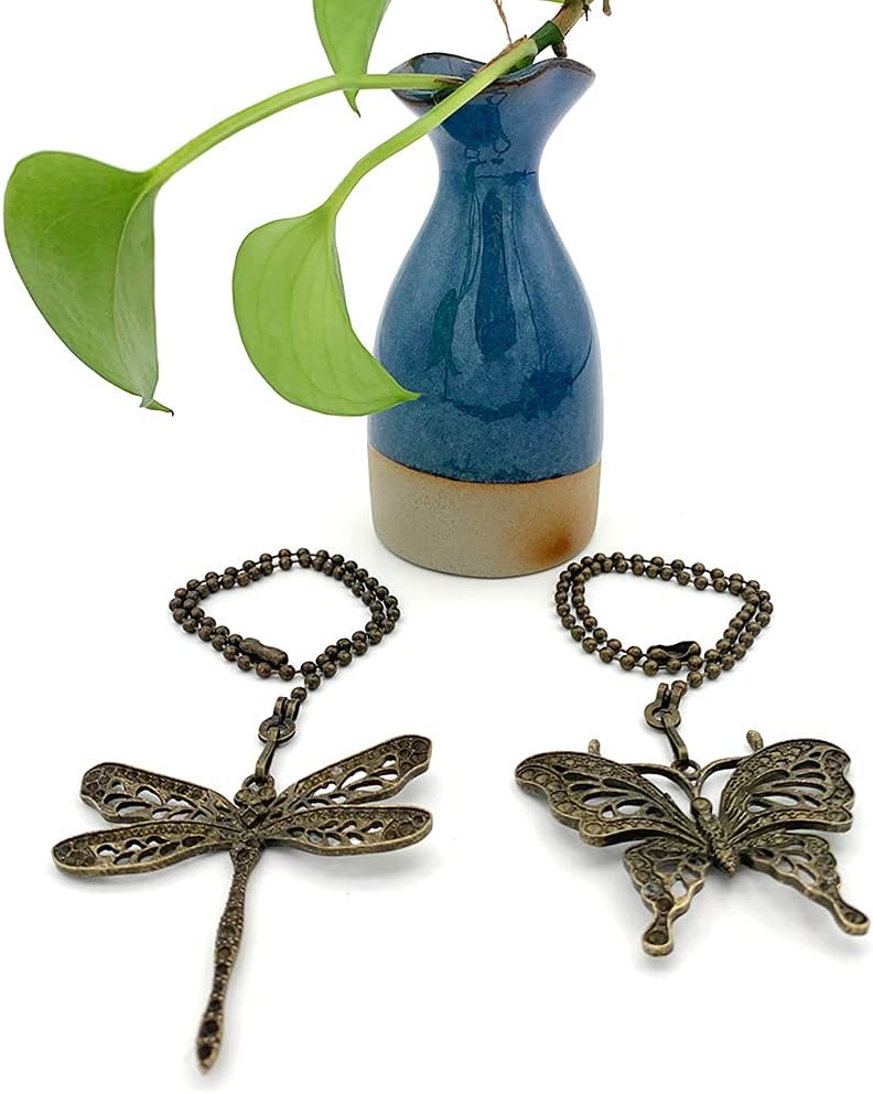 Dotlite Bronze Ceiling Fan Pull Chain Set,Decorative Fan Pull Chain Pendant Extension,12 Inches Lighting & Fan Beaded Ball Fan Pull Chain Extender with Connector,Dragonfly and Butterfly,2Pack (Bronze) - - 