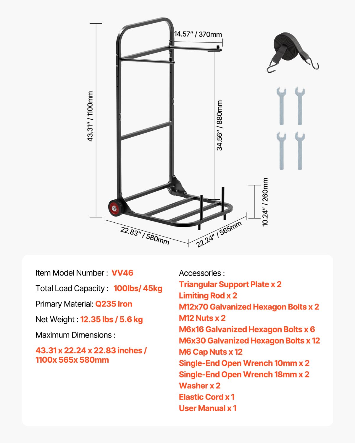 VEVOR Chariot de Chaise Pliante, Capacité de Charge 45 kg, Support Robuste pour Suspendre 10 Chaises, Organiseur de Rangement Multifonction Métal à Pousser avec Roues, pour Salle à Manger, Noir Mat