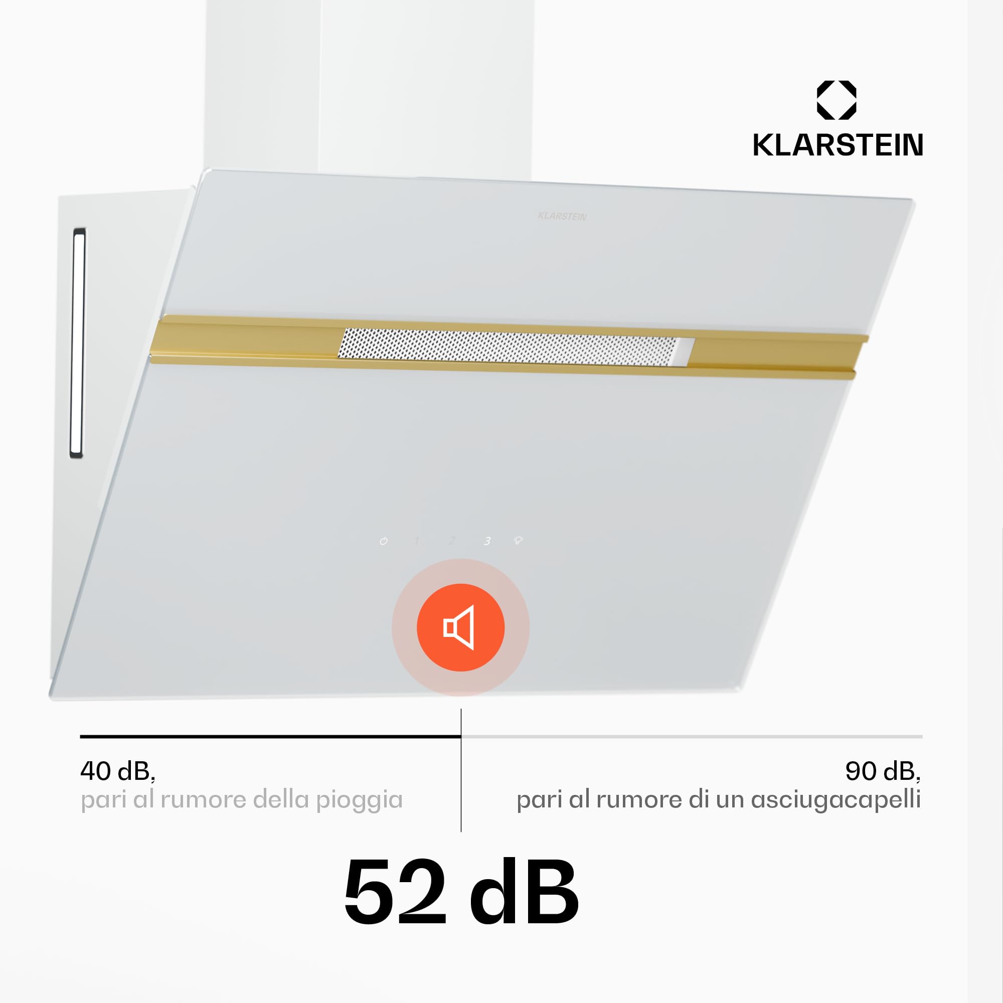 Klarstein Alina - Cappa Aspirante, 60cm, Cappa a Parete, 600 m³/ora, LED 9 Colori, Touch Control, Classe A, Silenziosa 52 dB, Bianco-Oro, Scarico & Ricircolo