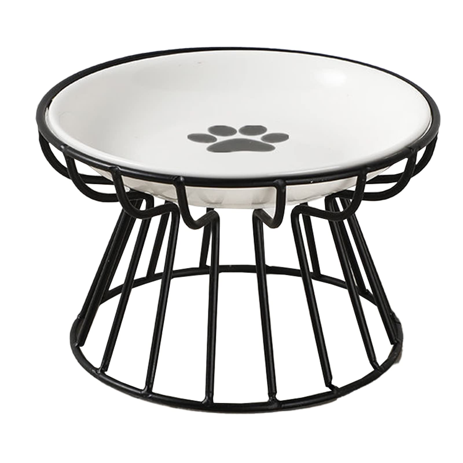 Ceramic Cat Bowl with Metal Stand, Anti-Vomit Elevated Bowl-Raised Cat Plate Food Water Anti Vomiting Shallow Ceramic Dish for Cat Small Dogs (Black Rack, Paw Plate)