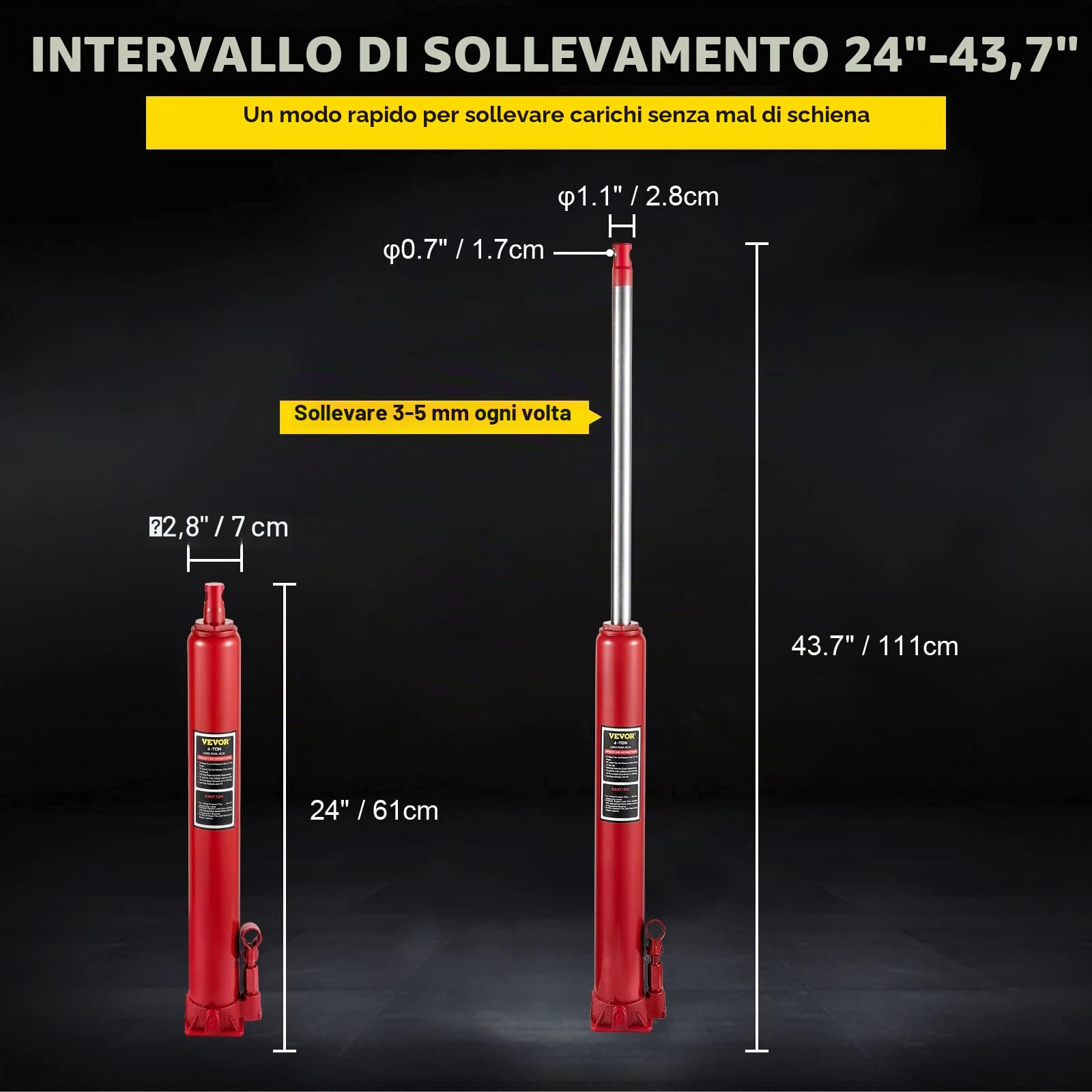 VEVOR Cric idraulico a pistone lungo, capacità 4 tonnellate, con pompa a pistone singolo e base piatta, raccoglitrice manuale di ciliegie con maniglia paranco di sollevamento motore