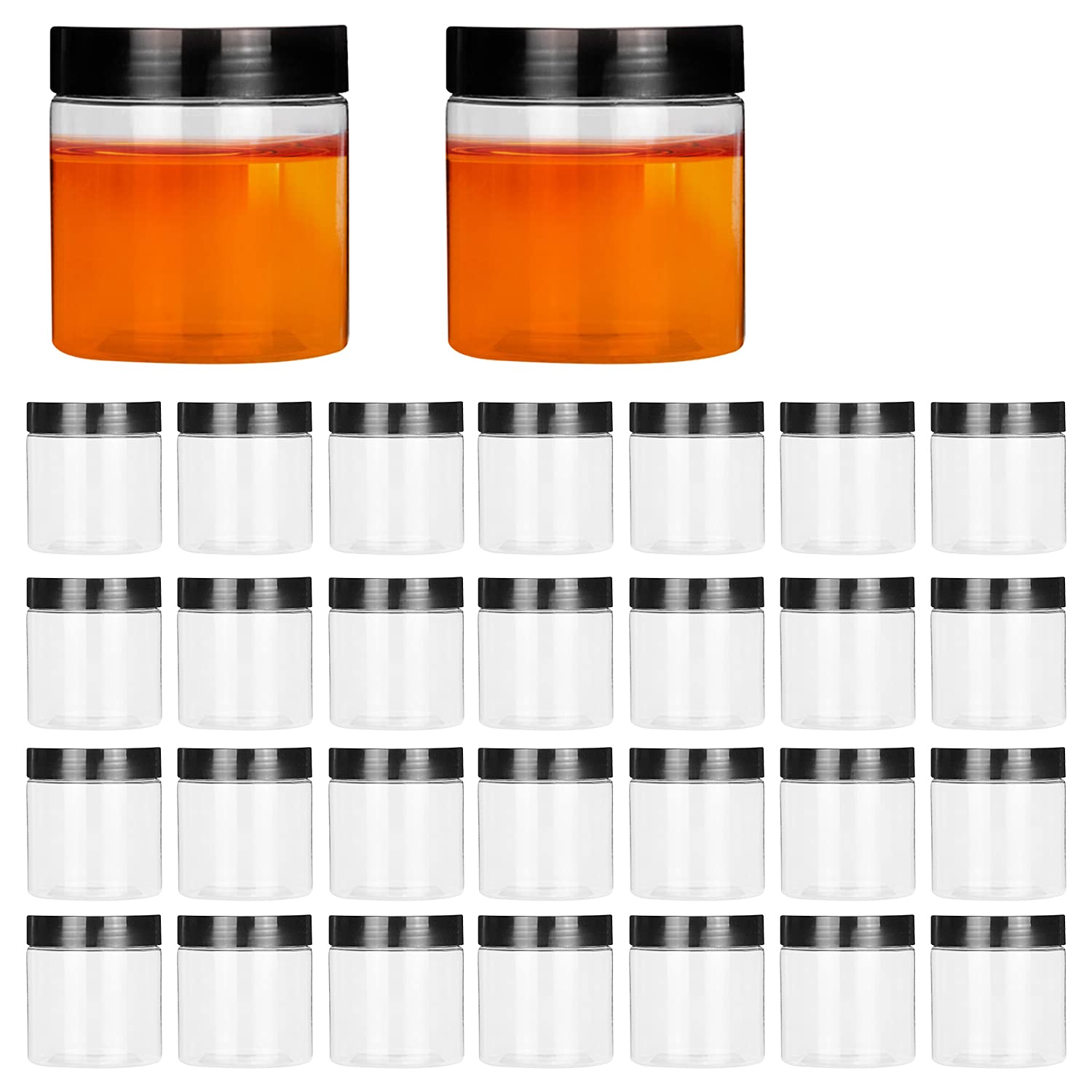 Accguan 30Pack 2oz Plastic Jar Storage Container with Black Lids Airtight Clear Wide-mouth Slime Storage Jars for Cosmetic Cream Light Clay