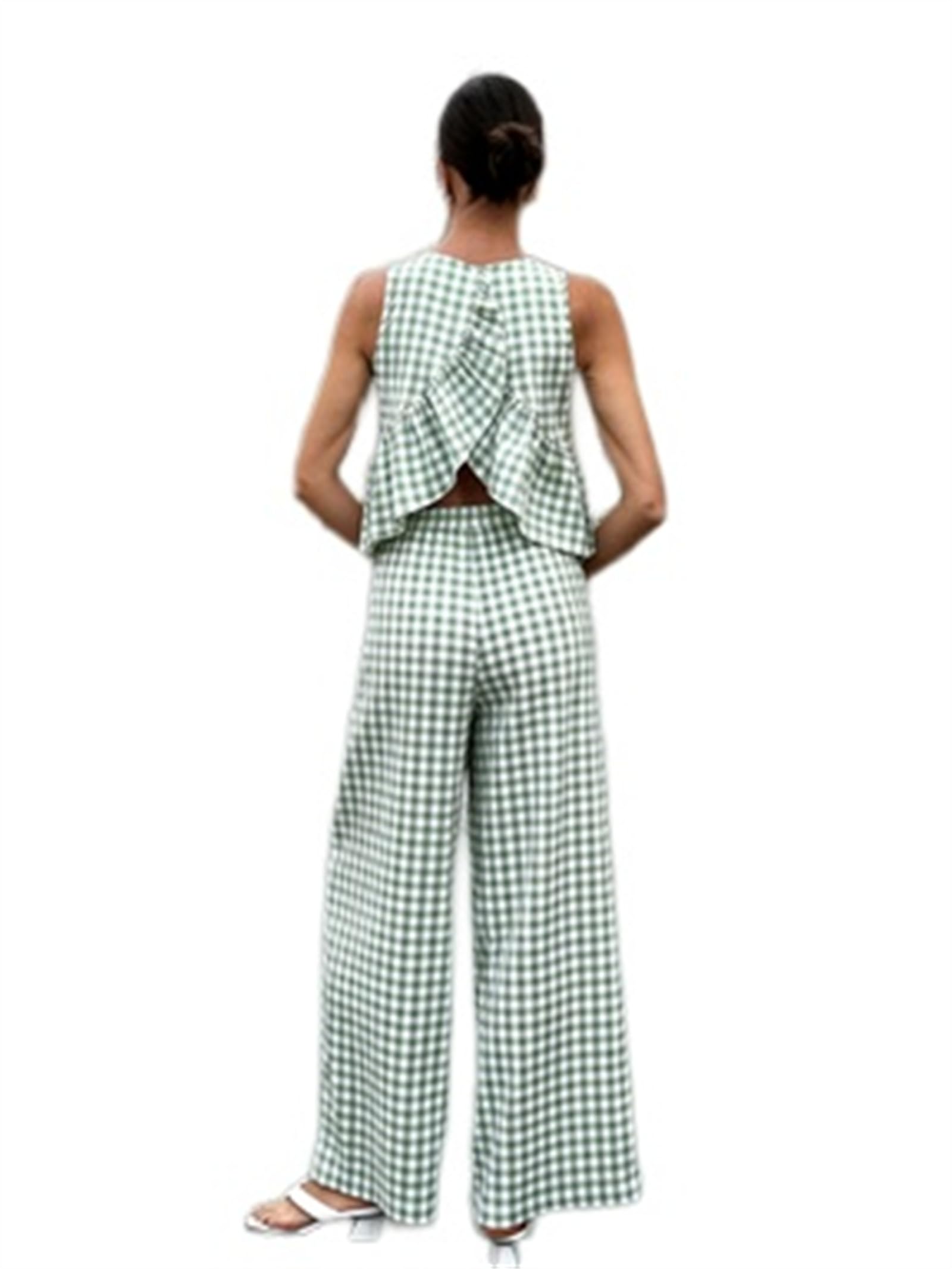 Ensembles à carreaux 2 pièces pour femme, haut et pantalon à volants à dos ouvert, ensemble de salon de vacances pour femme
