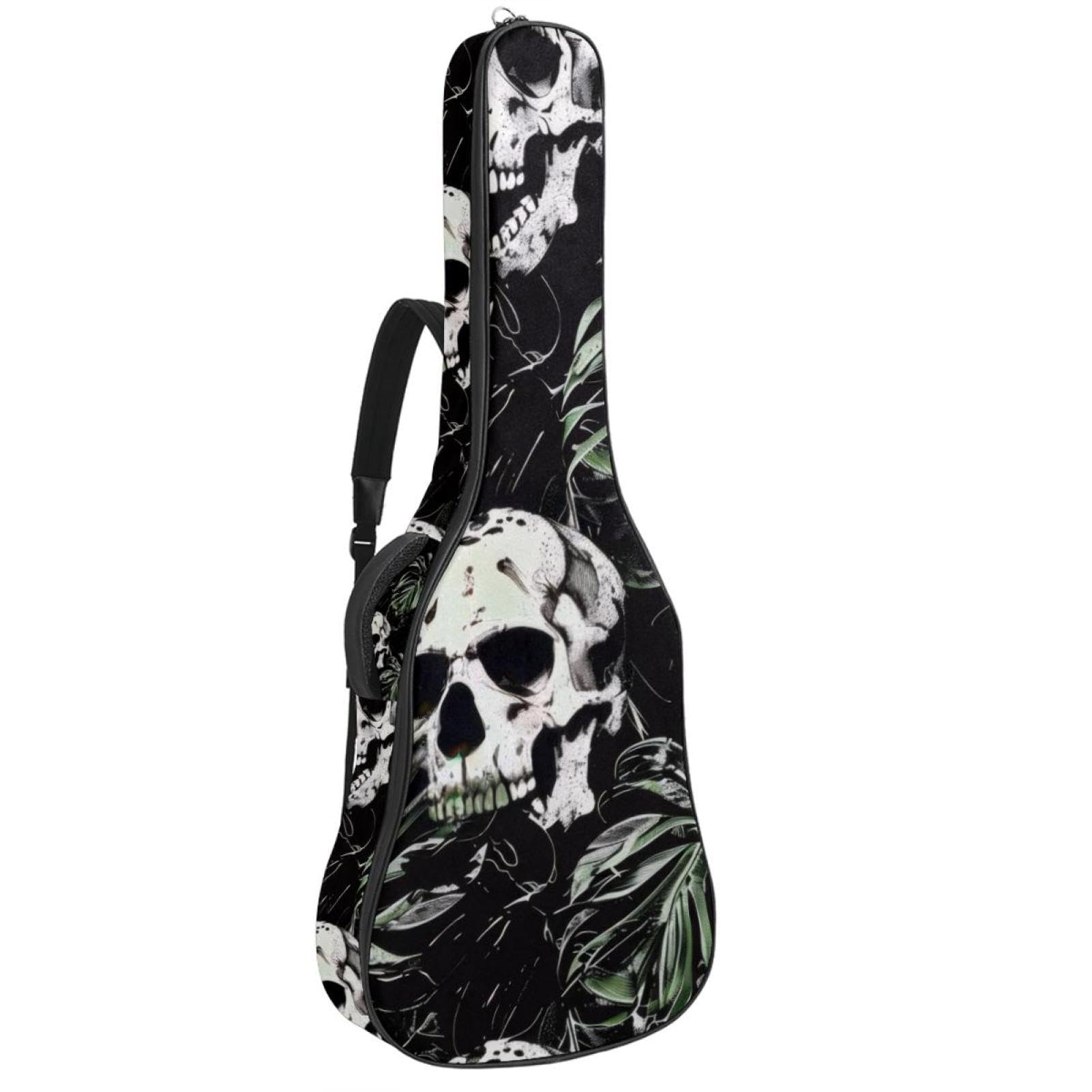 Housse pour guitare acoustique - Motif têtes de mort - Feuilles de palmier tropicales - Bandoulière réglable - 101,6 cm - 104 - 106,7 cm, Couleur 1, 42.9x16.9x4.7 in