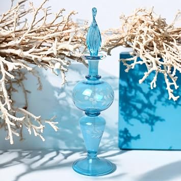 Ornamenta Hand-Blown Glass Perfume Bottle in Sky Blue, Modern Handmade Refillable Fragrance Decanter with Engraved Glass Design, Elegant Decorative Display Bottle for Gifting or Collectors