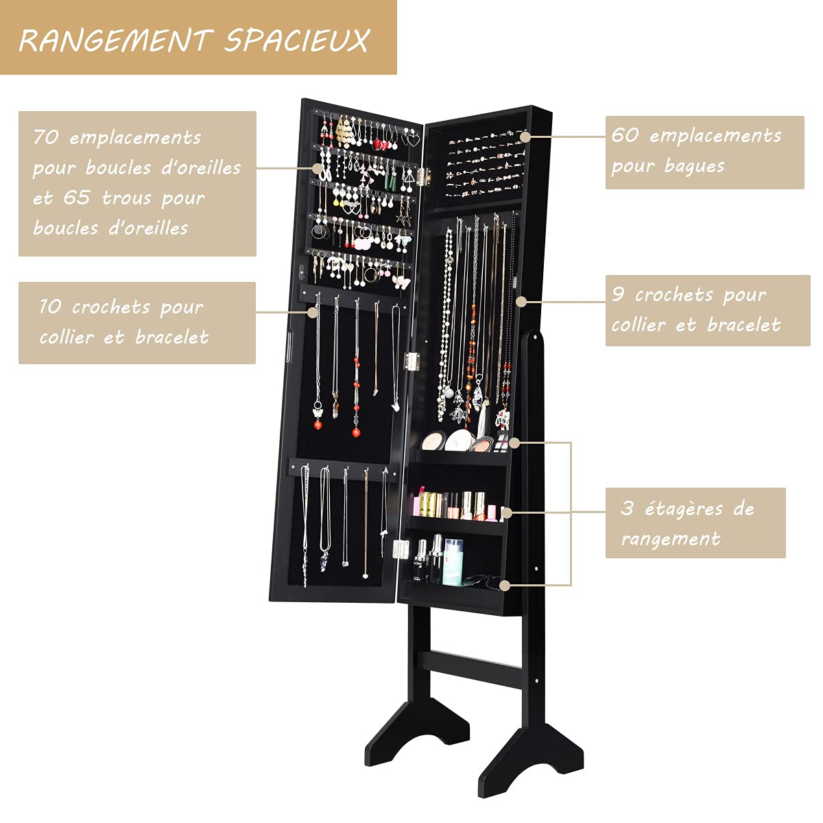 COSTWAY Armoire à Bijoux Verticale avec Miroir Clair Pleine Longueur et Angle Légèrement Réglable, Système de Triage et de Rangement pour Tout Type de Bijoux (Noir)