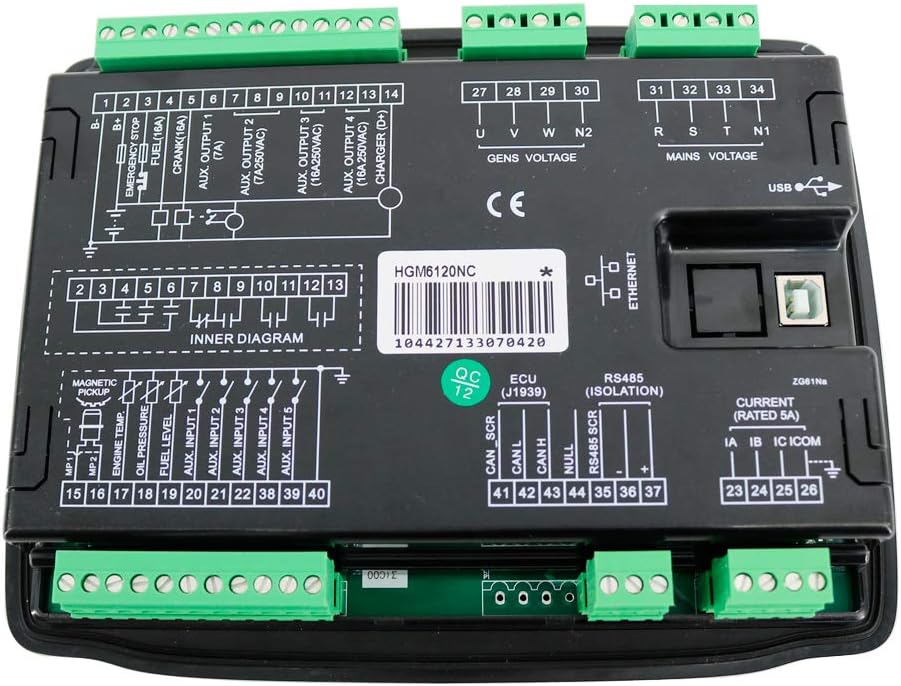 Back panel of the Graigar HGM6120NC with detailed wiring diagram and terminal blocks
