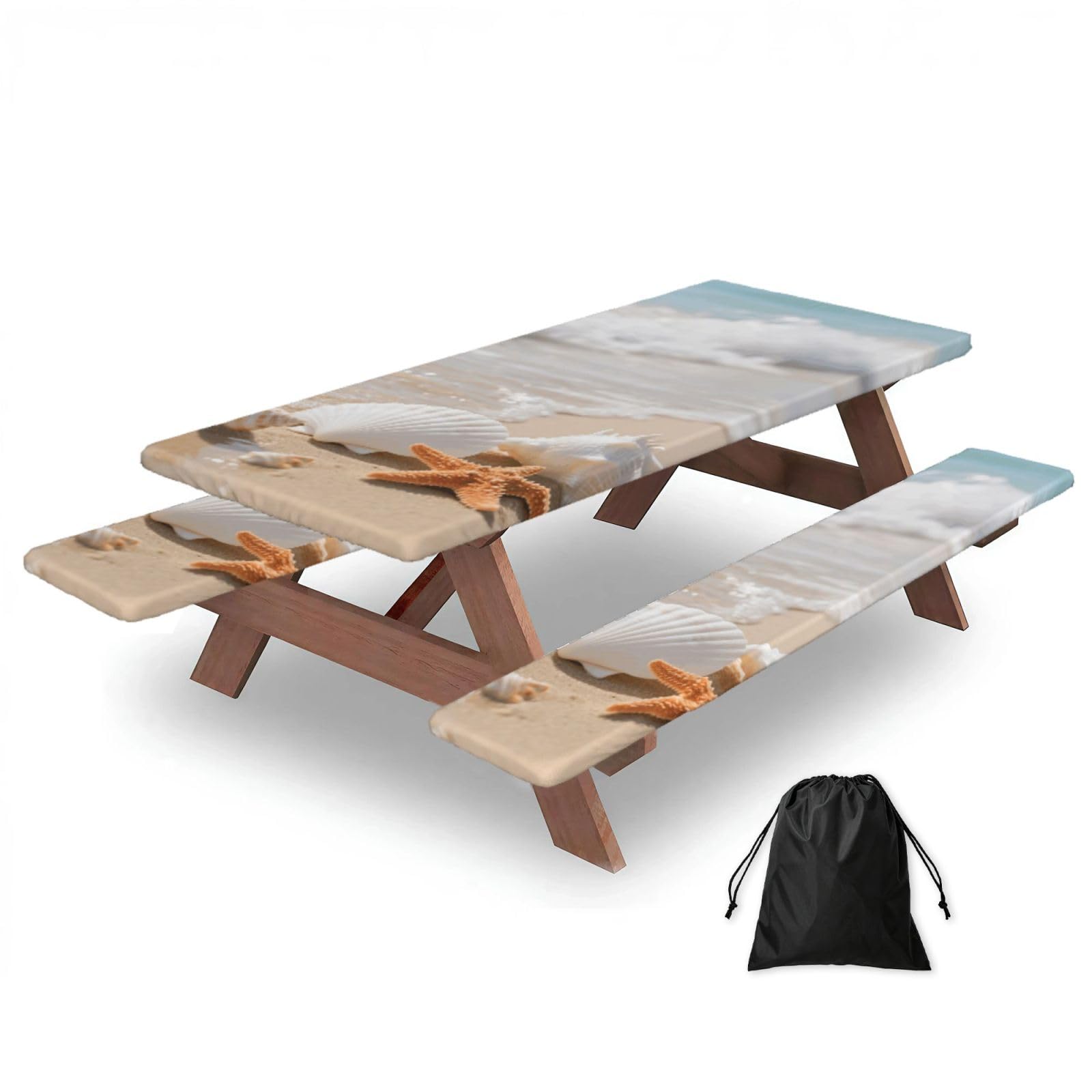 FekiLoot The Shells On Sea Shore Picnic Table Cover with Bench Covers and Bag, Windproof Waterproof Rectangle Tablecloth with Elastic Edges Fitted Camping Table Covers for Picnic Party Travel