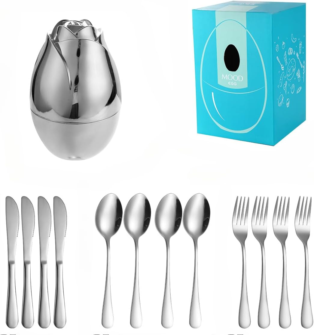 Rose Heart Egg Stainless Steel Knife and Fork Utensils, Portable Stainless Steel Fancy Silverware Utensils Set, 12 Piece Utensils Set, Suitable for Restaurants and Kitchens (silvery)