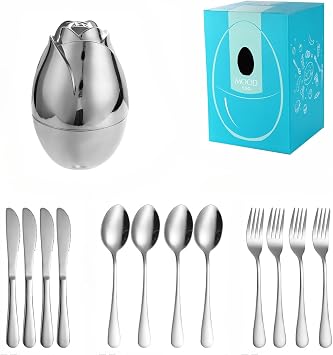Rose Heart Egg Stainless Steel Knife and Fork Utensils, Portable Stainless Steel Fancy Silverware Utensils Set, 12 Piece Utensils Set, Suitable for Restaurants and Kitchens silvery
