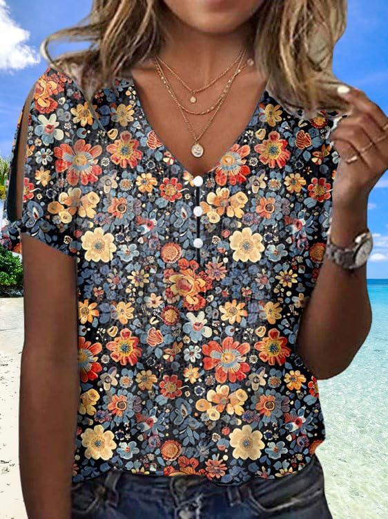 Womens Boho Floral Print Blouse Dressy Slim Fit Vintage Womens Summer Tops Cold Shoulder V Neck Button Down Shirts for Women - Image 2