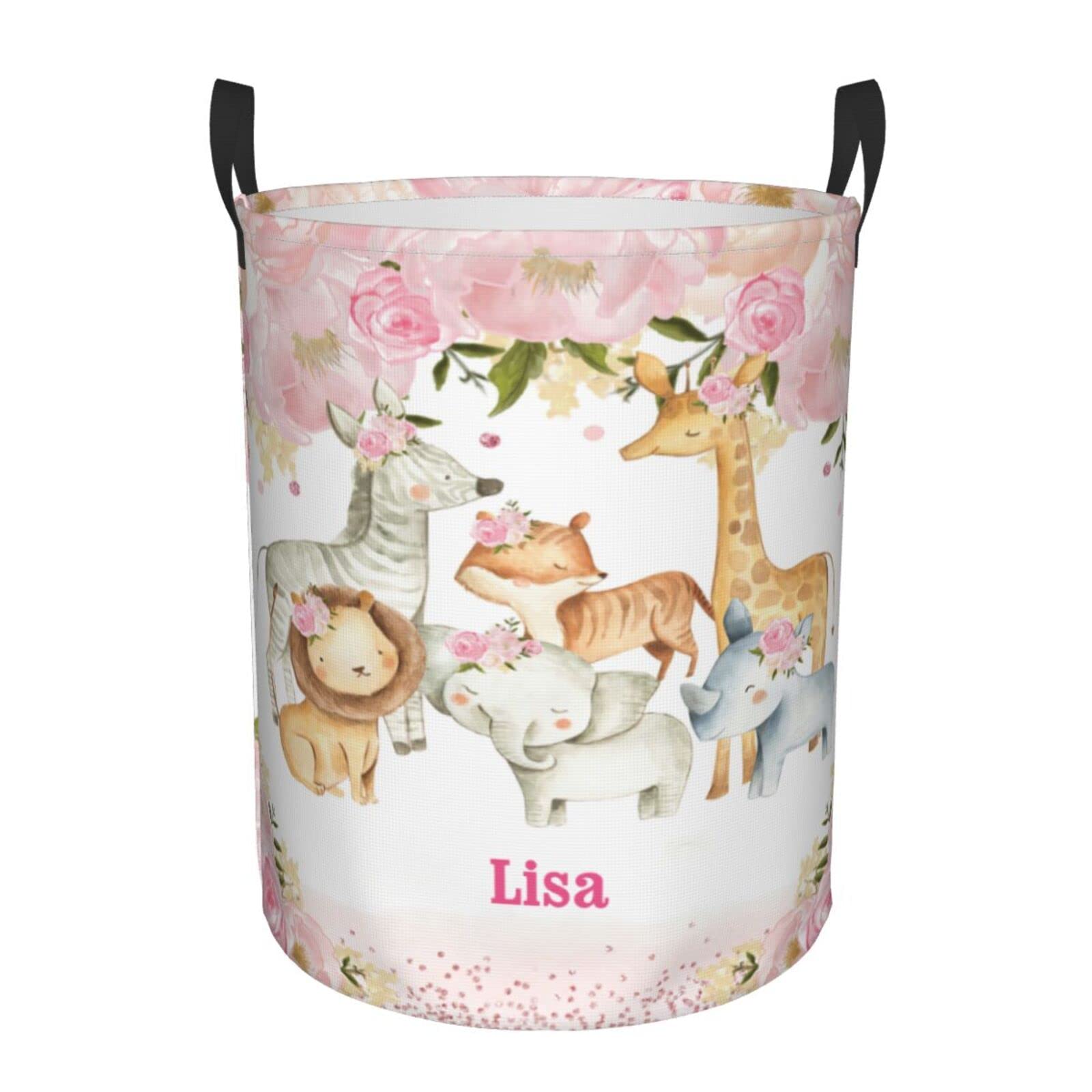 Giraffe Lion Pink Flower Personalized Laundry Basket Name Clothes Hamper with Handles Waterproof Laundry Storage Baskets for Bedroom Bathroom Decor.