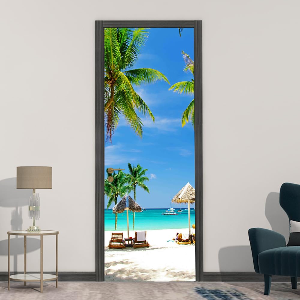 Décalcomanie de porte 3D grand format en PVC adhésif amovible motif plage