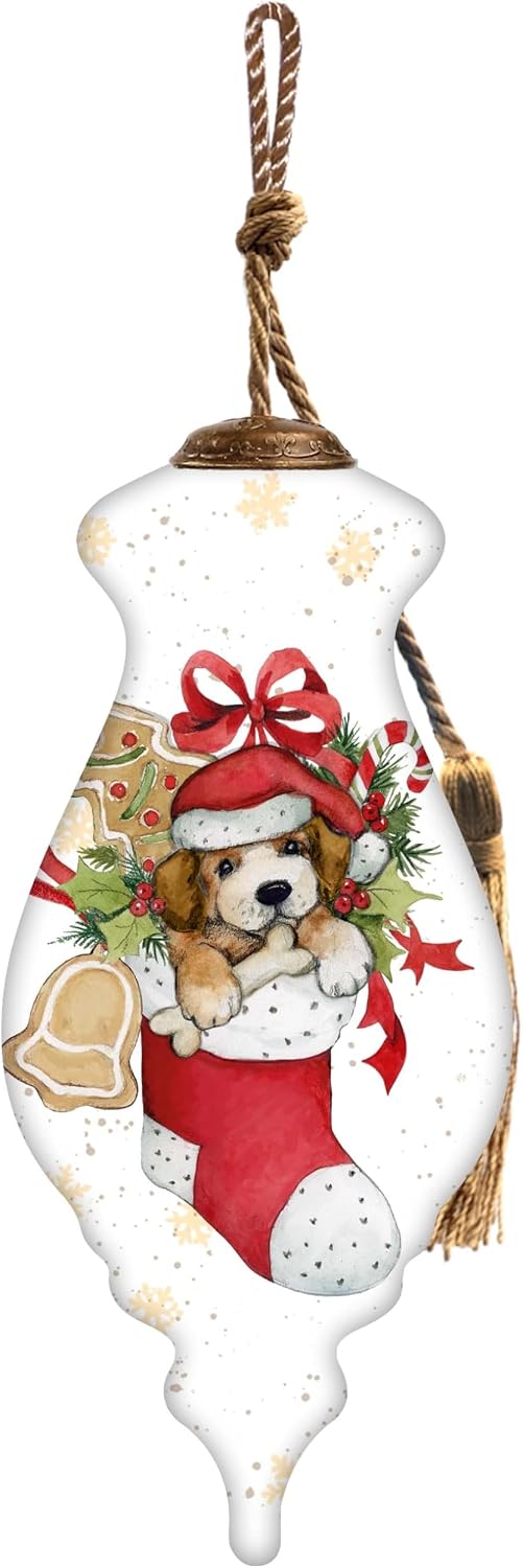 Dog Christmas Ornament – Hand-Painted Glass Puppy in Stocking, Reverse Painted Collectible Holiday Decoration – Funny Dog Ornament for Christmas Tree with Gift Box