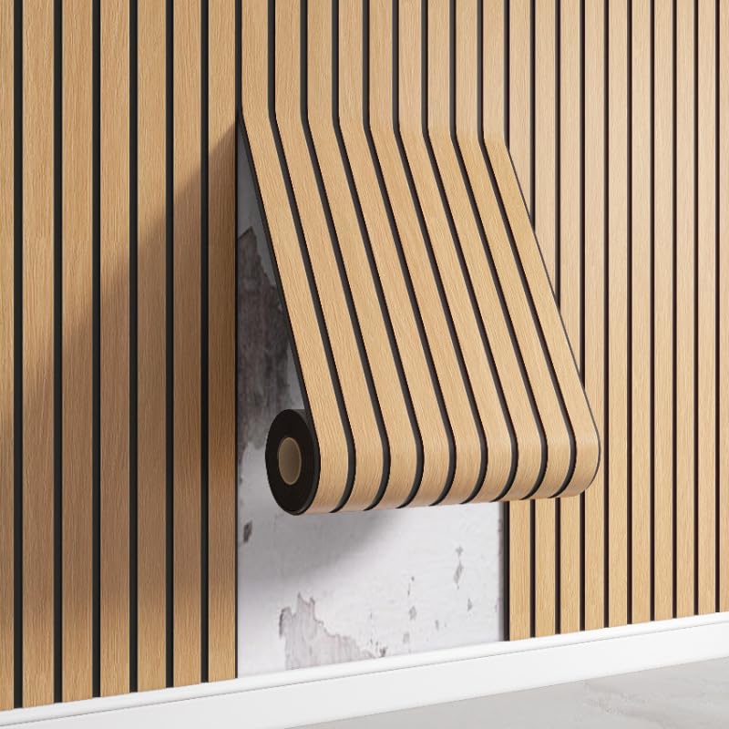 3D Self Adhesive Wood Slat Panels Peel & Stick Wallpaper, Acoustic Waterproof PVC Panels for Walls & Ceilings (Oak, 60 x 300 cm)
