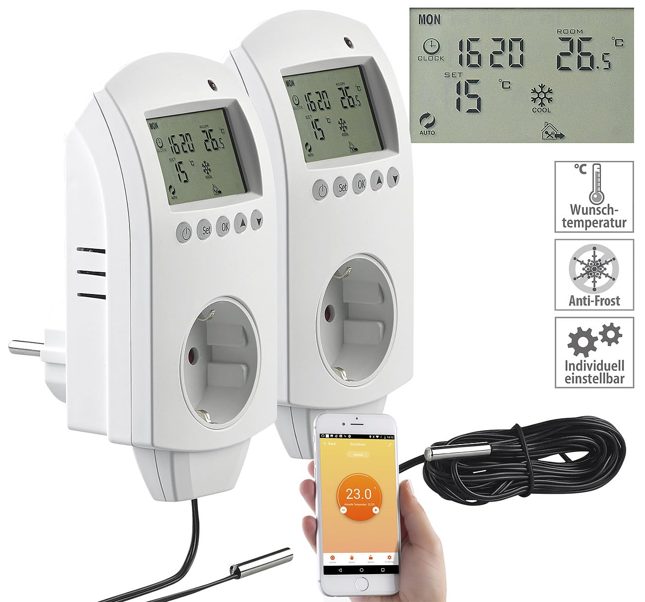 revolt Thermostat Heizung WiFi: 2er-Set WLAN-Steckdosen-Thermostate für Heizgeräte, App, Sprachbefehl (Alexa Thermostat-Steckdose, Universal-Thermostat Steckdose, Zeitschaltuhr)