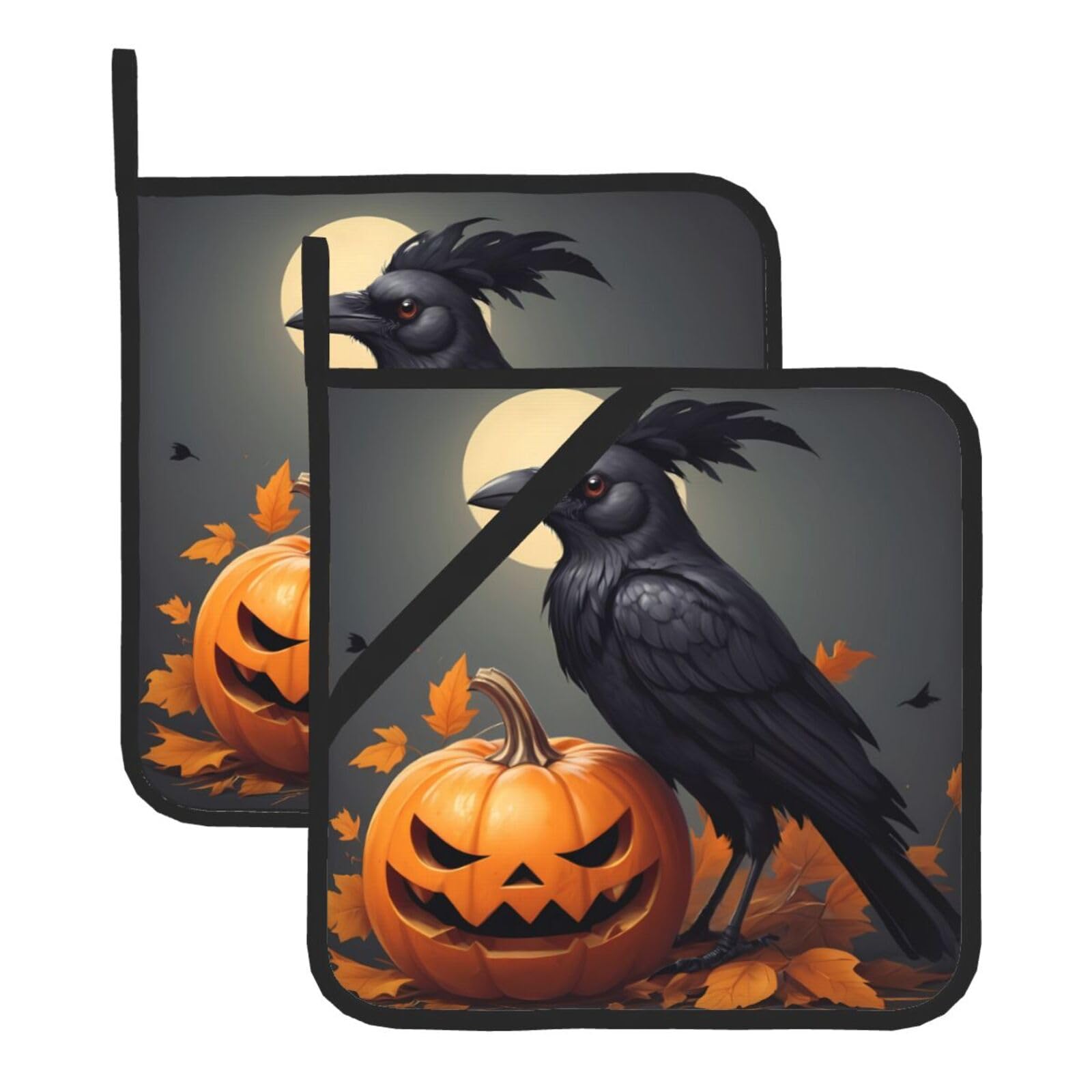 HJFCZH Pumpkin Head Crow Printed Square Insulated Pot Mat Set (2-Piece) 8x8in Waterproof, Thickened & Easy to Clean with Lanyard Design for Kitchen, Oven & BBQ