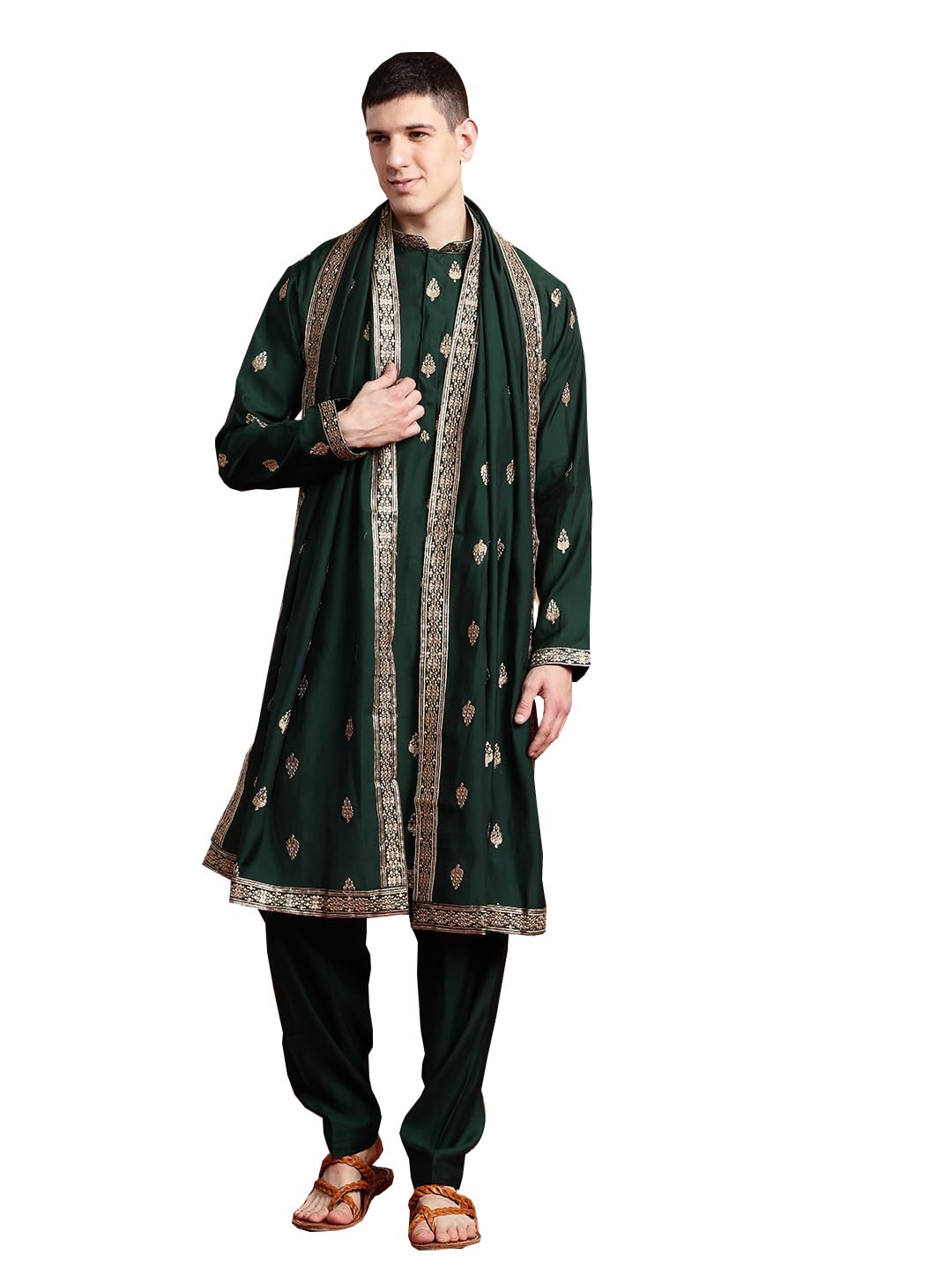 Mens Ethnic Cotton Blended Motif Sequinned Embroidered Kurta With Salwar and Dupatta-image-22