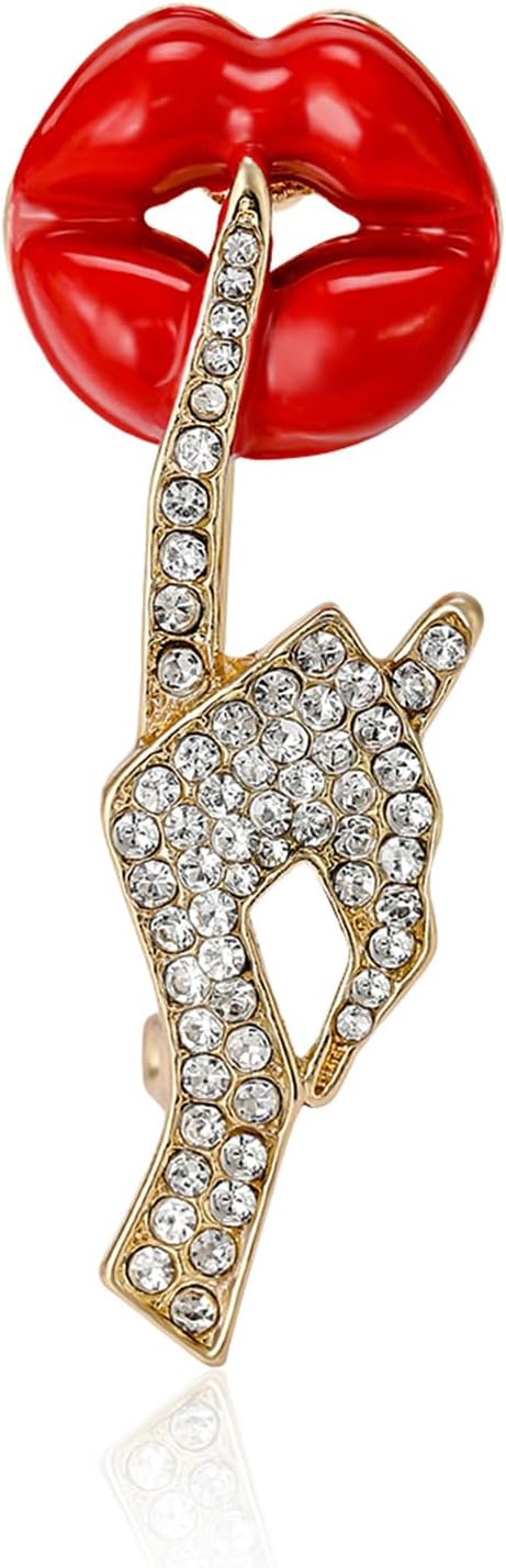 Dreuyet Sexy Red Lips Brooch Pin for Women Crystal Rhinestone Quiet Gestures Brooches Elegant Kiss Mouth Lapel Pins Clothes Dress Accessories Jewelry Lover Gift