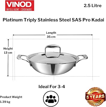 Vinod Platinum Triply X Kadhai with Lid