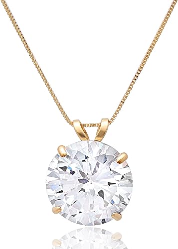 MAX + STONE 14k Gold 8mm Round Solitaire Cubic Zirconia Pendant Necklace for Women with 18 Inch Box Chain