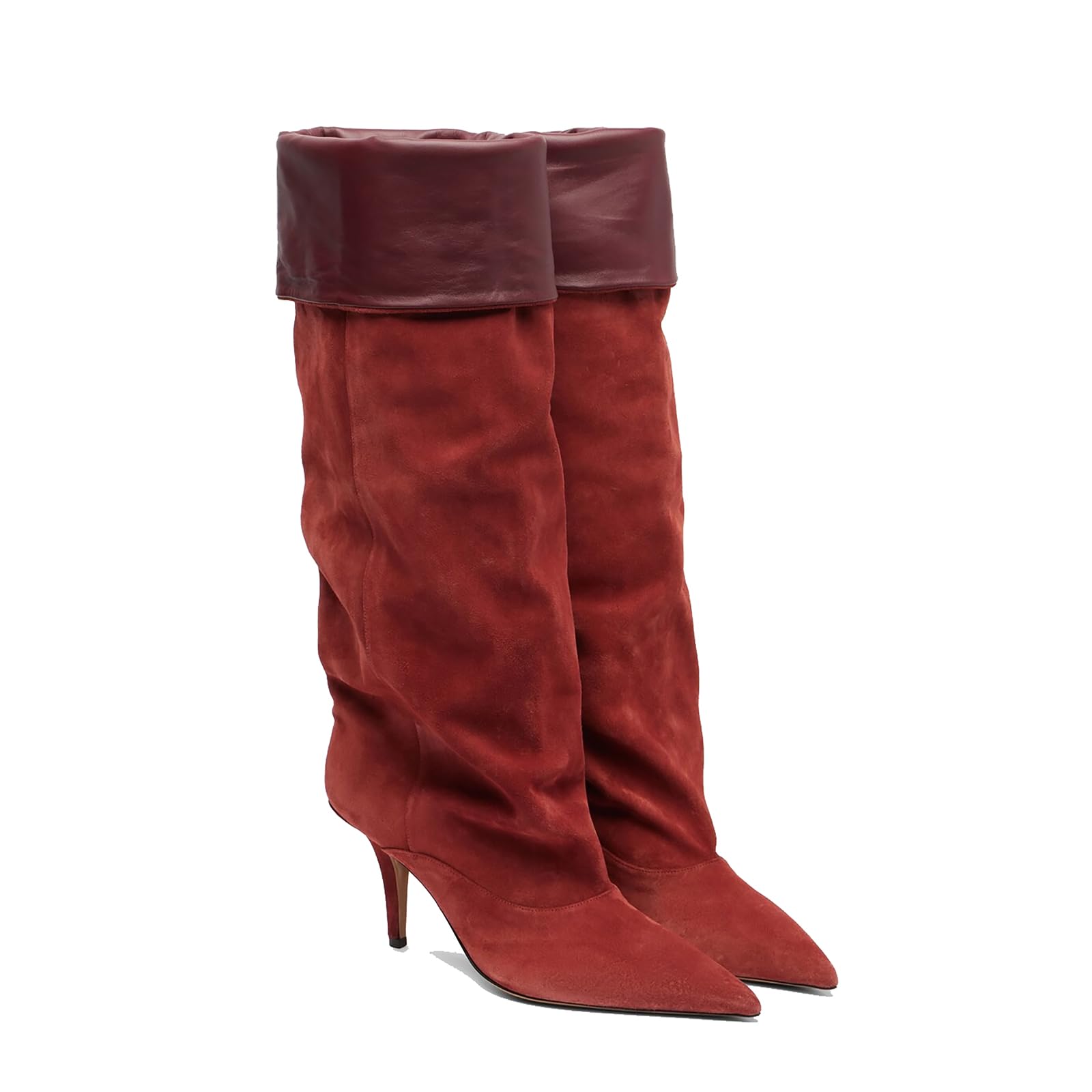 Womens Suede Fold Over Knee High Boots - Stiletto Heel Pointed Toe Slouchy Pull On Booties for Women