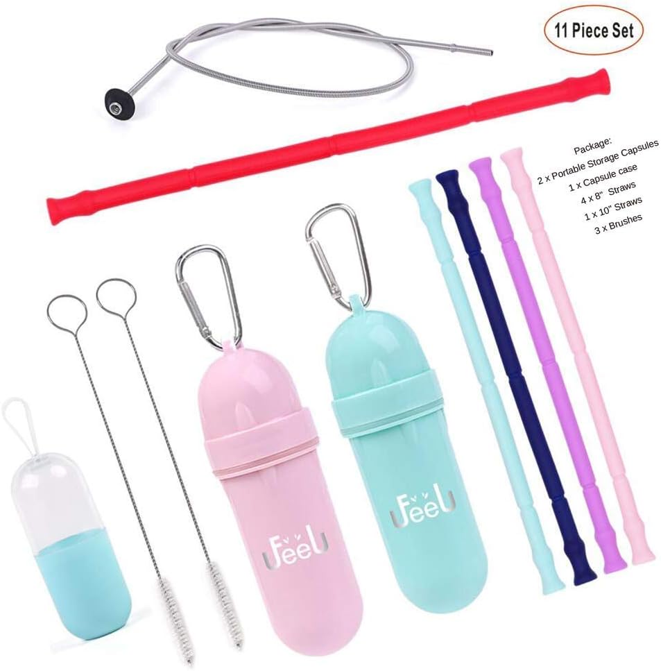 Collapsible straws with Travel Bottles Food Grade Silicone Drinking Straws Bent Straws Portable Reusable Washable Straws With cleaning brush and Leak Proof BPA Free Silicone Cosmetic containers,3 Pack