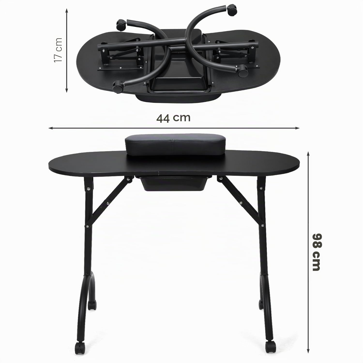 Hebitod - Mesa de manicura, plegable, portátil, con cajón, ruedas y bolsa de transporte, mesa de salón de uñas portátil para casa y estudio, color negro