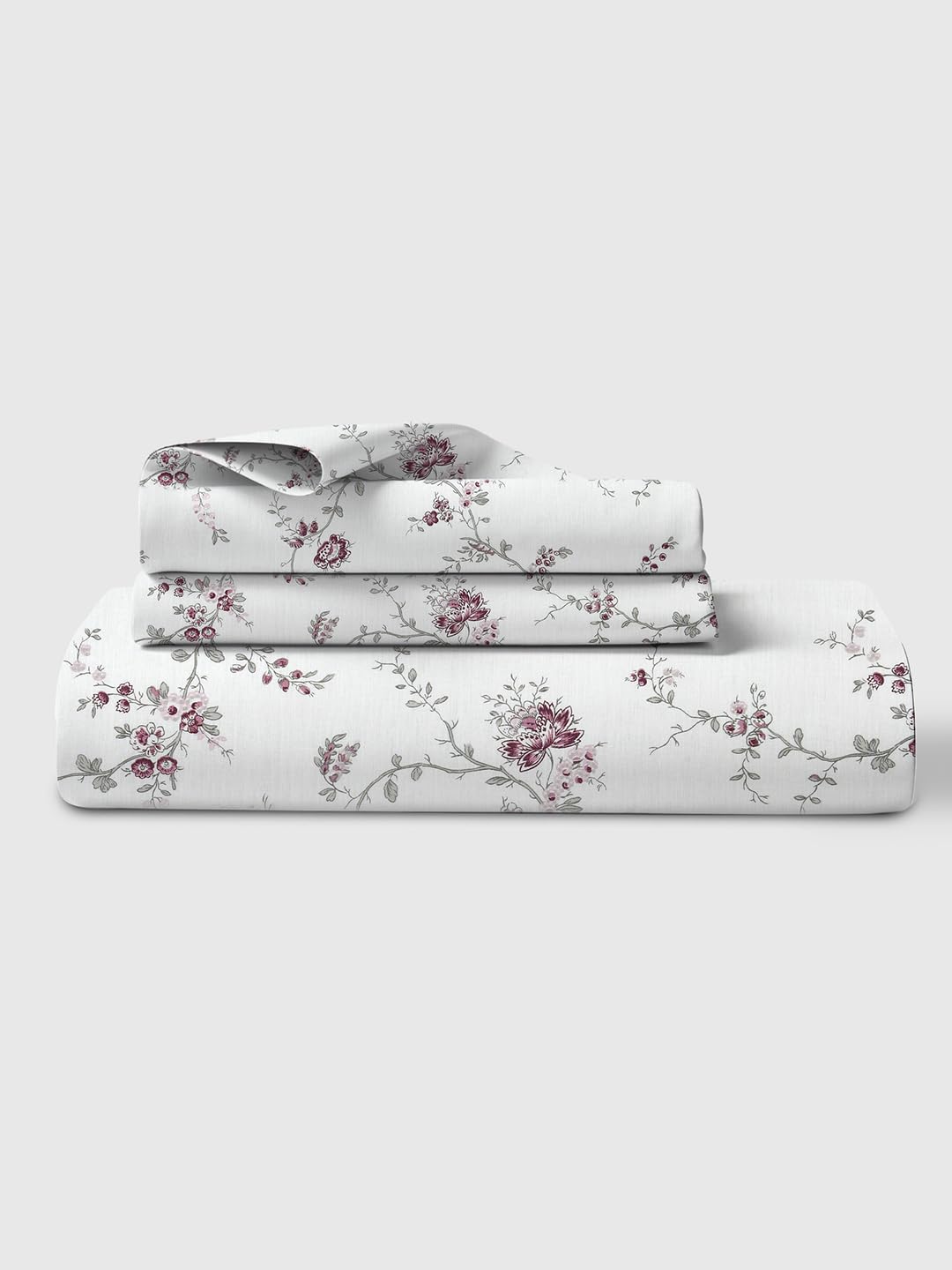 LINENWALAS 100% Cotton Bed Sheet for Double Size Bed, Floral Printed Doble Bedsheet with 2 Pillow Covers | 210 TC Soft, Breathable, Luxury Bedsheet (Vineyard, 90 x 100 Inches), White
