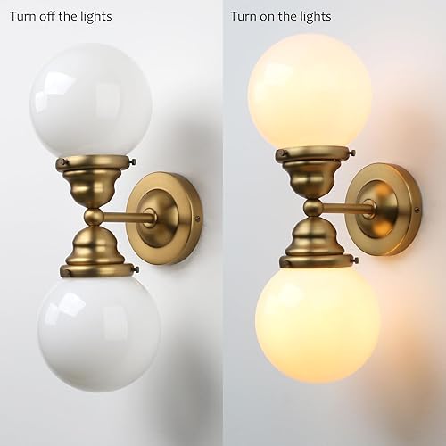 Miniatura 7 de Pathson Milk White Glass Wall Sconces Lighting, 2 Lights Industrial Wall Vanity Light Fixtures Brass Finish, Vintage Wall Sconce Lamp for Bathroom