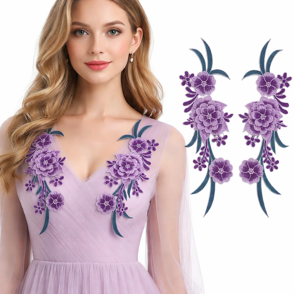 S.A.V.I Pair of Purple Floral Embroidered Sew-On Applique for Women Dresses & Kurtis | Thread Work Flower Design | 12.5 x 33.5 cm Decorative Garment & Craft Patch (Purple)-image-49