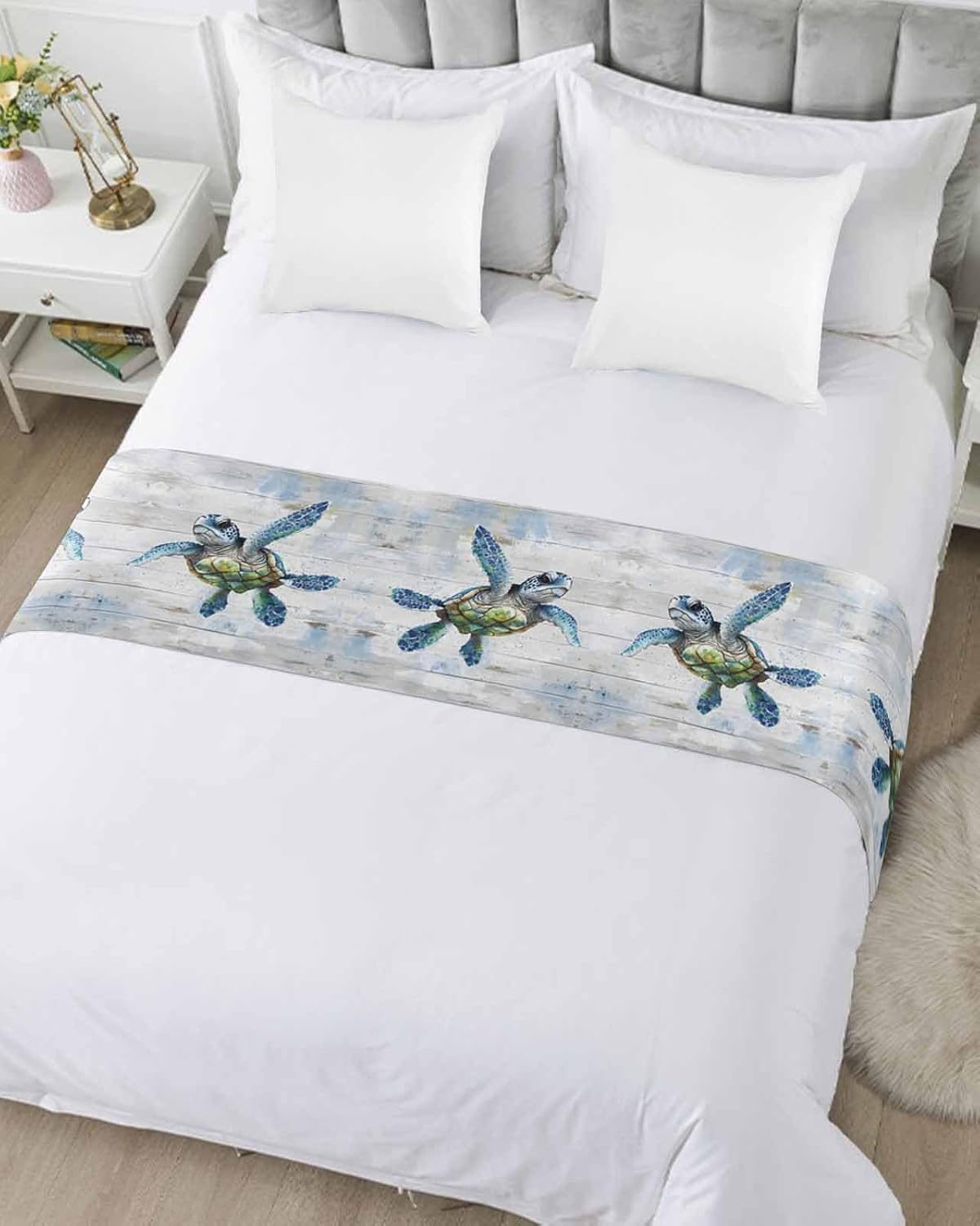 Yukro Bed Runner Scarf, Sea Turtle Farmhouse Rustic Wood Grain Queen Bed Scarf Runner, No Fading Decorative Bedding Scarf for Bedroom Hotels Homes and Guestrooms