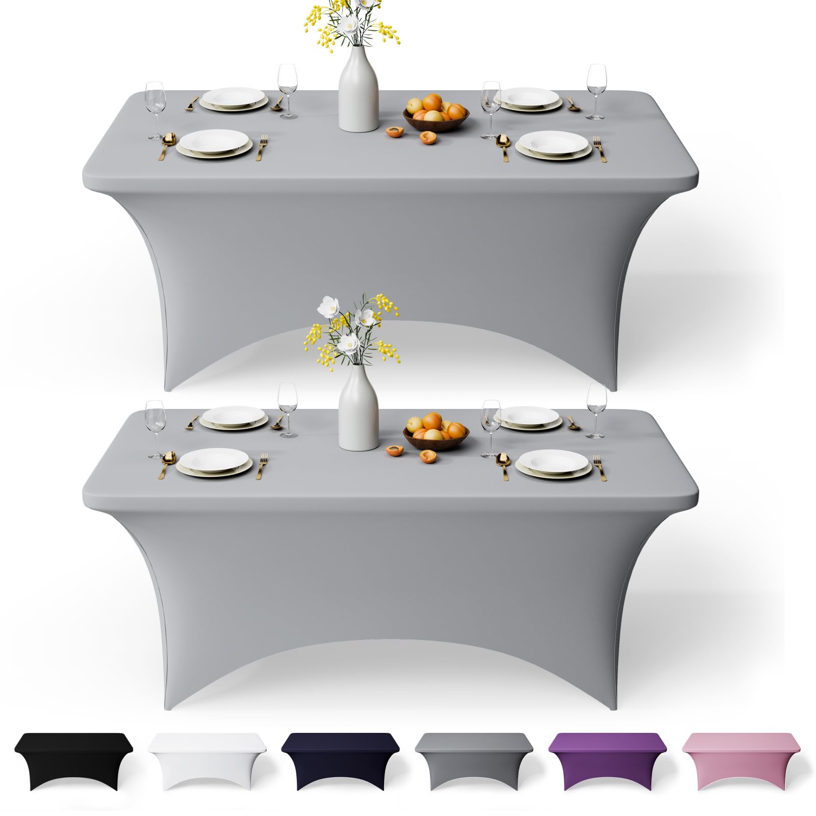GFCC 6FT Spandex Table Covers 2 Pack - Grey Stretch Fitted Rectangular Tablecloth Washable & Wrinkle Resistant Spandex Tablecloths for Party, Wedding, Banquet, Events & Home