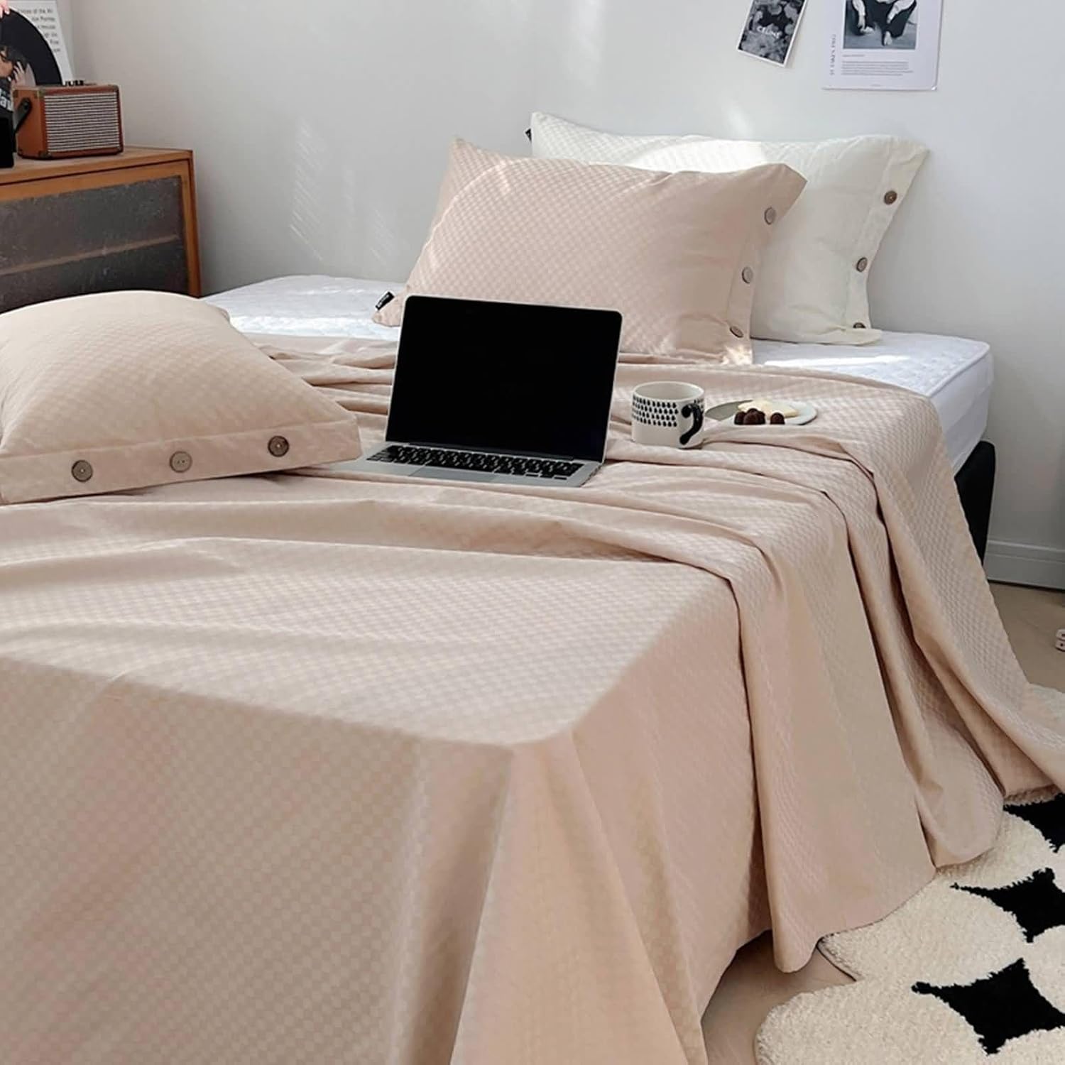 Beydodo Flat Sheet 62 x 90 inch, Fitted Sheet Solid Color with Checkered Textured, Cotton Bed Cover 160x230cm