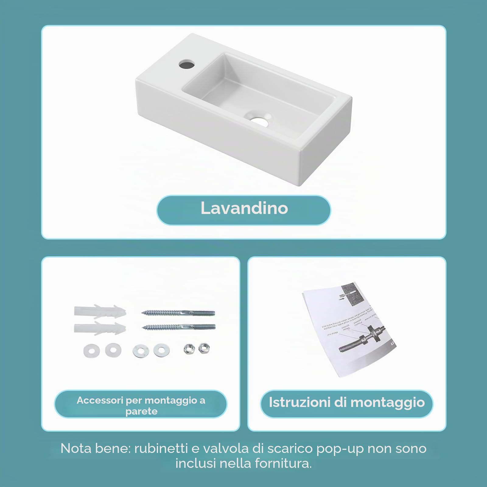 Lavabo piccolo, lavabo per ospiti, bagno, mini lavabo in ceramica, foro per rubinetto sinistro, bianco, 37 x 18,5 x 9 cm