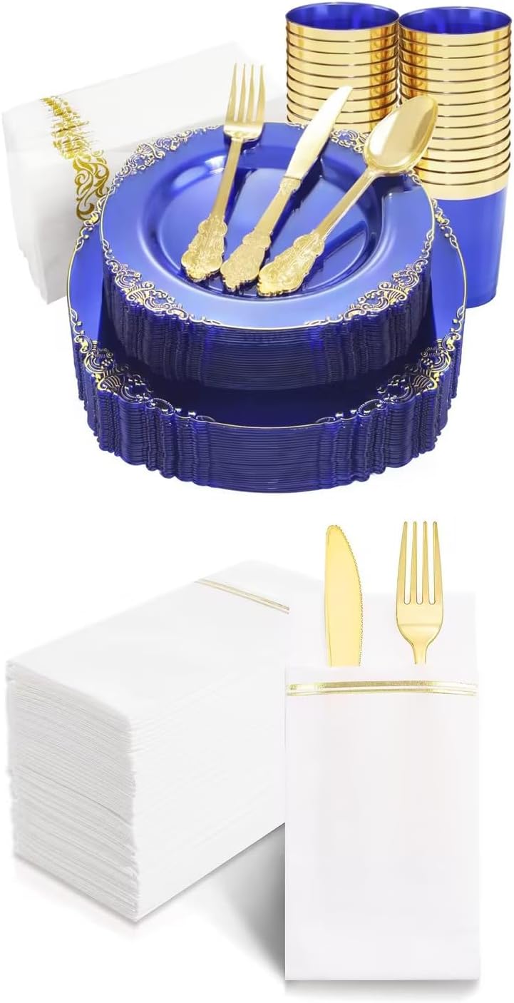 Nervure 175PCS Clear Blue Plastic Plates Gold Plastic
