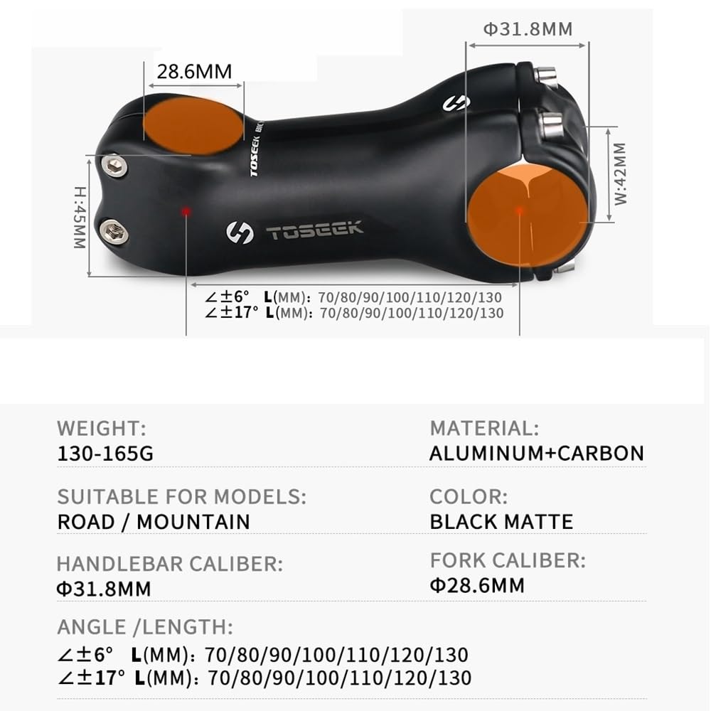 Attacco Manubrio Mtb Accessori for bici con attacco manubrio in carbonio nero opaco Attacchi manubrio da 31,8 mm Parti di biciclette da 6 o 17 gradi Attacco Manubrio Bici Da Corsa(17 Degrees 70mm)